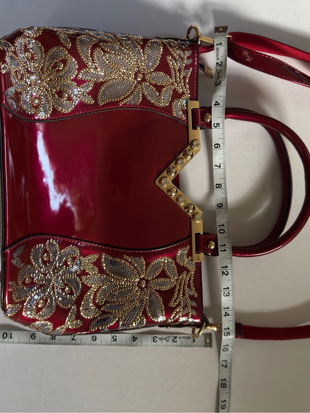 Cherry Red Faux Patent Sequin Floral Crossbody Y2K Vintage Glam Party Purse - Picture 10 of 12